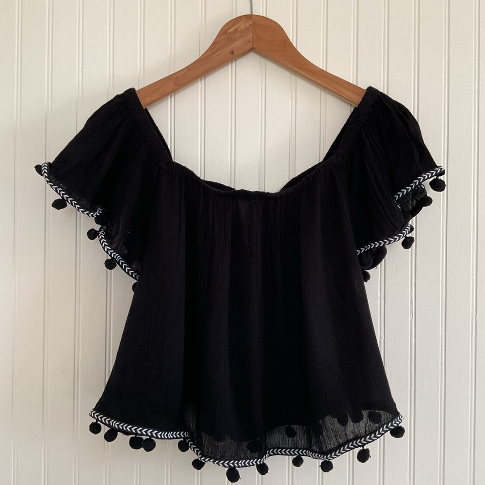 Japna Off The Shoulder Pom Pom Top Black